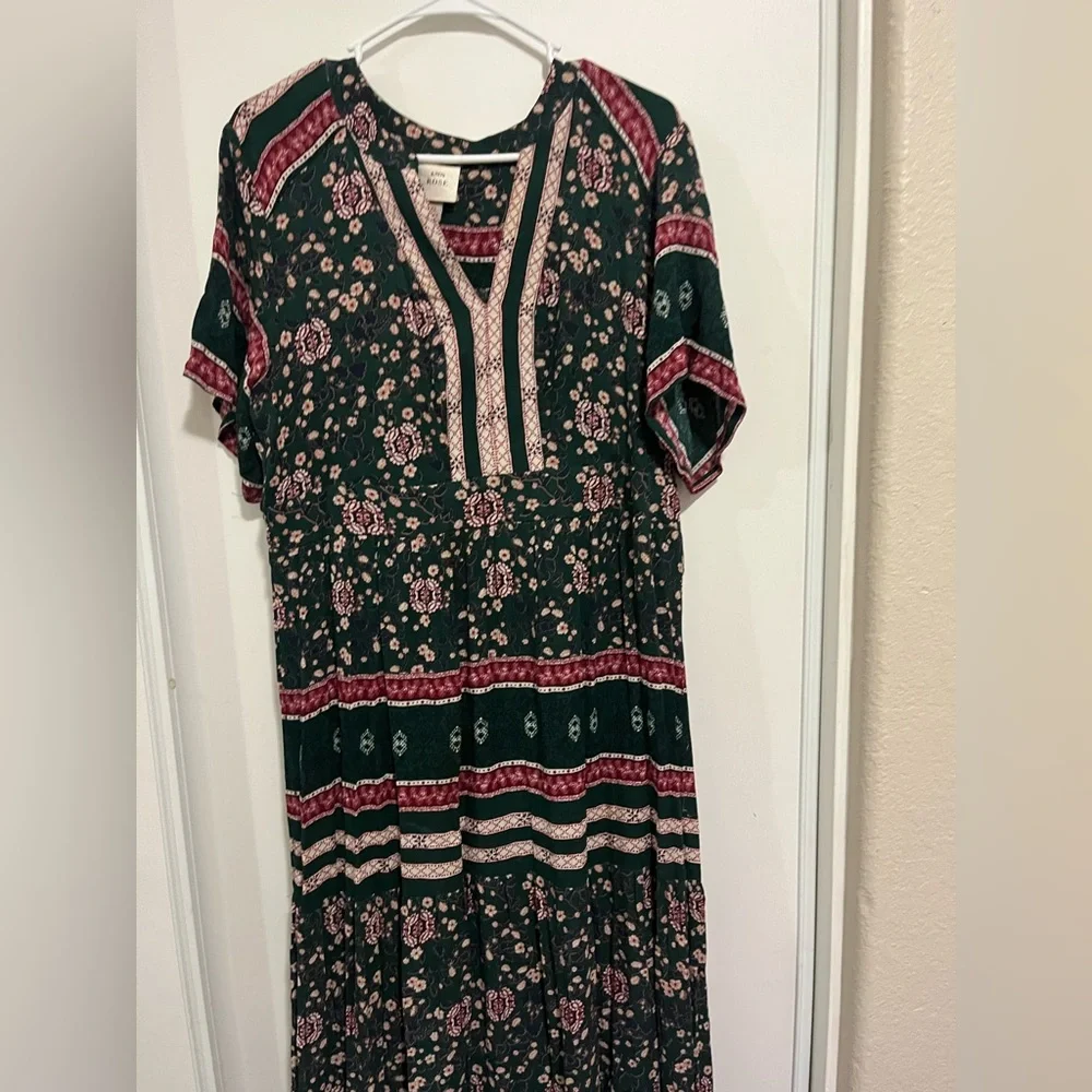 Knox Rose Dress Womens Medium Green Floral Maxi Short Sleeve V-Neck Smocked Boho - Picture 3 of 7